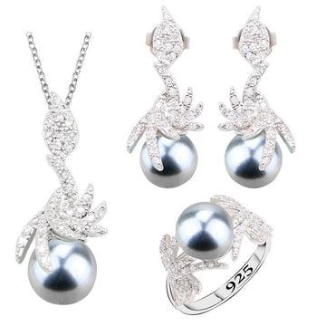 Black Pearl Silver Color Jewelry Sets for Women Earrings Necklace Pendant Ring New Arrival - The Jewellery Supermarket